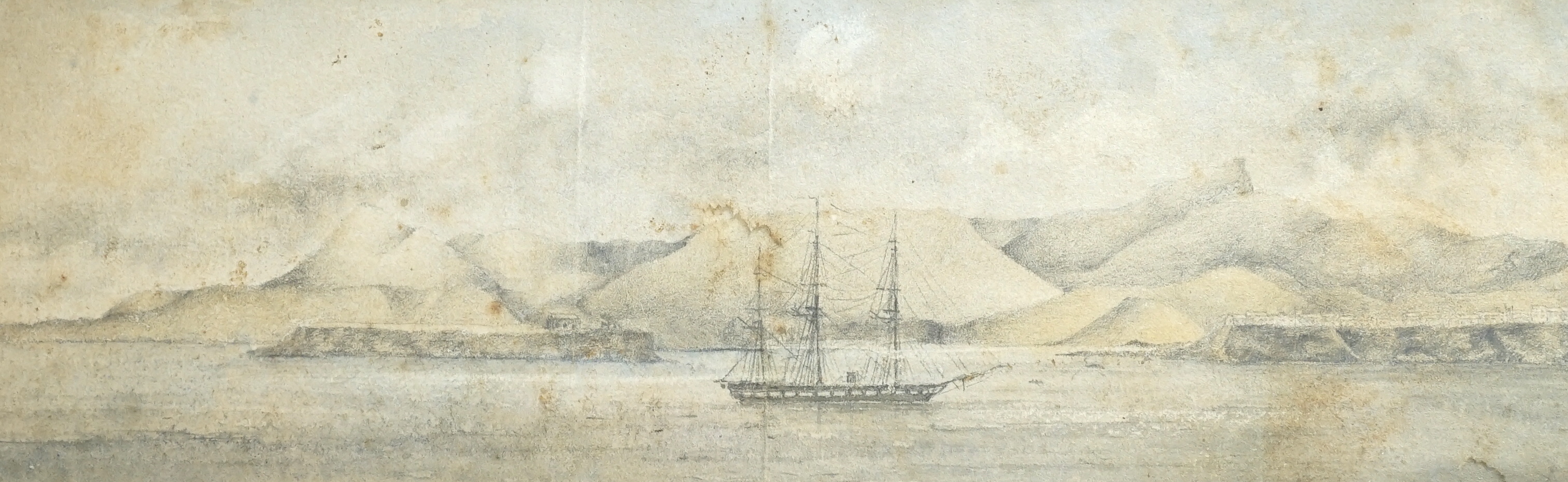 19th century English School, two watercolours, 'View of shipping moored at Pantelleria, March 27 1872' and 'St Jago', probably the work of a Naval officer, 15 x 43cm and 9 x 26cm